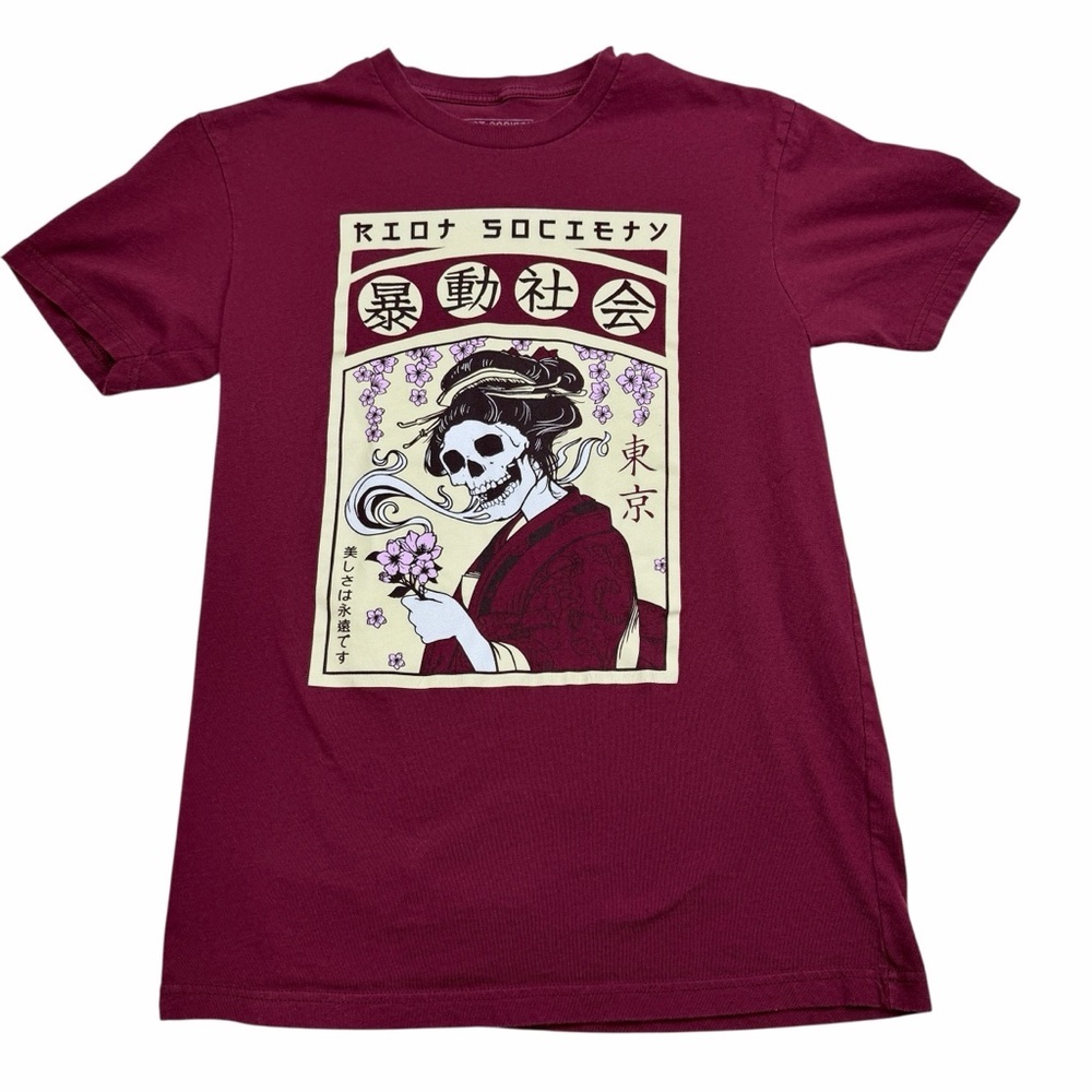 Riot Society Burgundy Tee with Skull Art